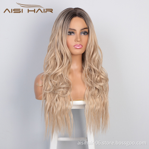 Aisi Hair Wholesale Cheap Vendor Ombre Blonde Body Wave Wigs Long Wavy Lace Frontal Wigs Synthetic Hair Wigs For Black Women